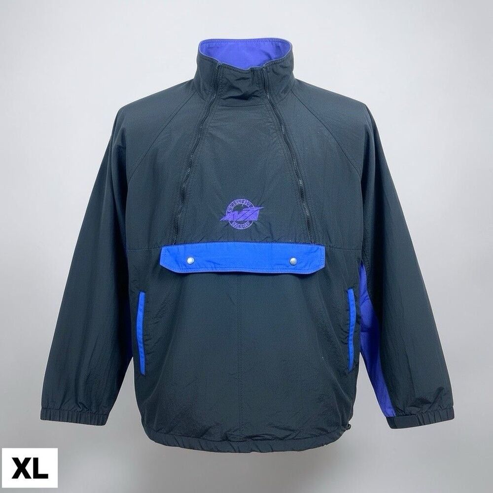 Vintage 90s Avia Windbreaker Track Jacket Mens XL Black Blue Purple Nylon Zip